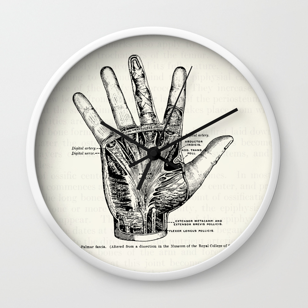 Vintage Anatomy Illustration Of The Palm Of The Hand Wall Clock By Oonaleevintageillustrations Society6