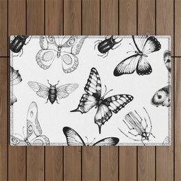 minimal black white butterflies Outdoor Rug