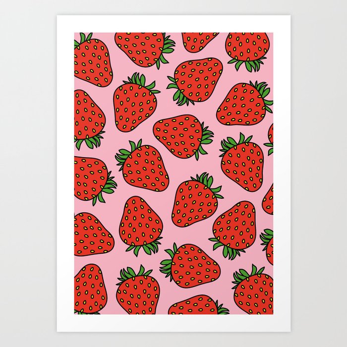 Pink and Red Cottage Core Strawberries Art Print