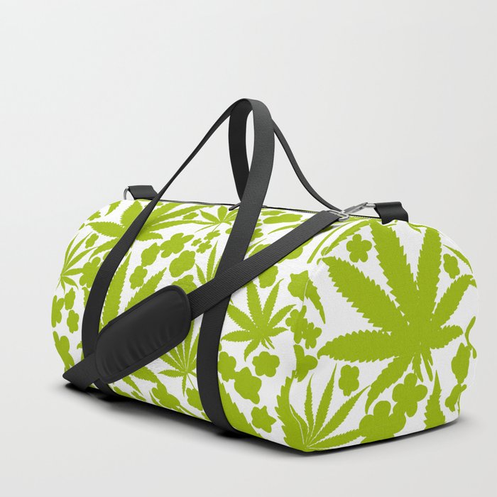 Modern Cannabis Leaves And Flowers Mossy Green On White Cottagecore Botanical Pattern Duffle Bag