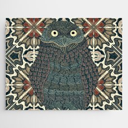 Cute burrowing owl decorated and on a patterned background - Golden-brown and red Jigsaw Puzzle