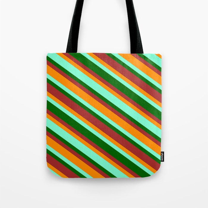 Aquamarine, Dark Green, Brown & Dark Orange Colored Pattern of Stripes Tote Bag
