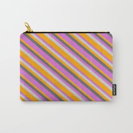 [ Thumbnail: Dim Gray, Orchid, Light Gray & Orange Colored Lined Pattern Carry-All Pouch ]