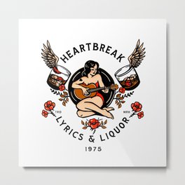 Heartbreak Lyrics & Liquor 1975. Cute Pinup Girl Playing Guitar: Full Color Version. Metal Print