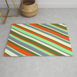 [ Thumbnail: Eyecatching Green, Light Slate Gray, Light Yellow, Dark Olive Green, and Red Colored Lined Pattern Rug ]
