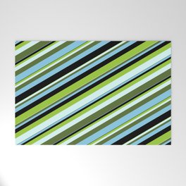 [ Thumbnail: Colorful Green, Light Cyan, Dark Olive Green, Sky Blue & Black Colored Lines/Stripes Pattern Welcome Mat ]