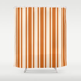 [ Thumbnail: Beige and Chocolate Colored Stripes Pattern Shower Curtain ]