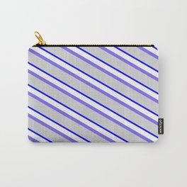 [ Thumbnail: Medium Slate Blue, Light Grey, Blue & White Colored Striped/Lined Pattern Carry-All Pouch ]