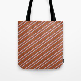 [ Thumbnail: Sienna, Light Sky Blue, and Red Colored Lined Pattern Tote Bag ]