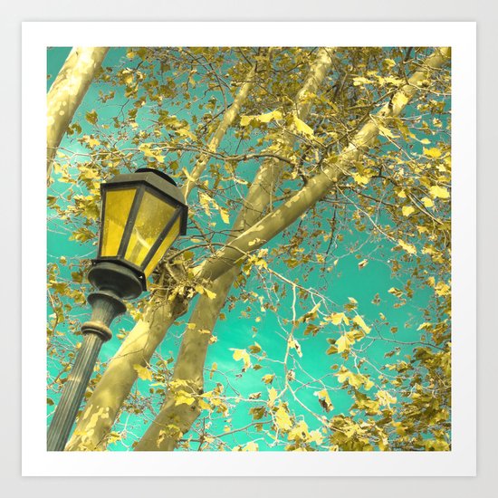 Autumn Gold Leafs in Turquoise Sky Art Print