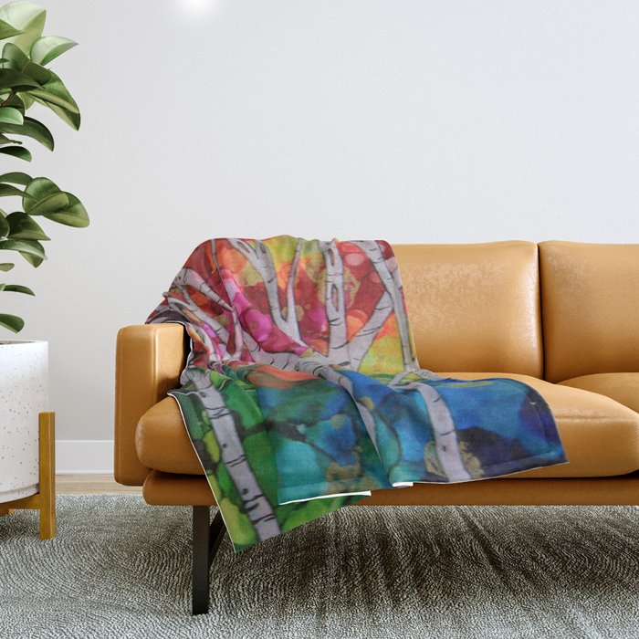 "Rainbow Birch Trees" Throw Blanket