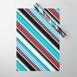 [ Thumbnail: Colorful Black, Dark Turquoise, Red, Light Cyan, and Sky Blue Colored Pattern of Stripes Wrapping Paper ]