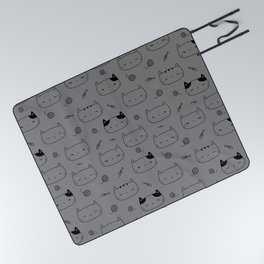 Grey and Black Doodle Kitten Faces Pattern Picnic Blanket