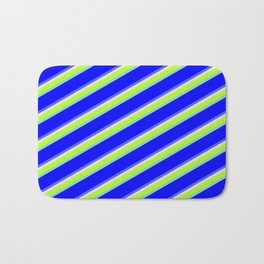 [ Thumbnail: Beige, Light Green, Sky Blue, Blue & Royal Blue Colored Pattern of Stripes Bath Mat ]