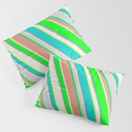 [ Thumbnail: Lime, Dark Turquoise, Dark Salmon, Beige, and Light Gray Colored Stripes/Lines Pattern Pillow Sham ]