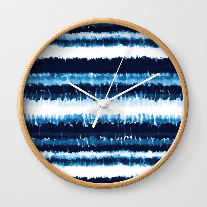 Watercolor Tiedye Ombre Indigo Shibori Stripes. Summer Ocean Blue or Navy Nautical Boy Theme Wall Clock