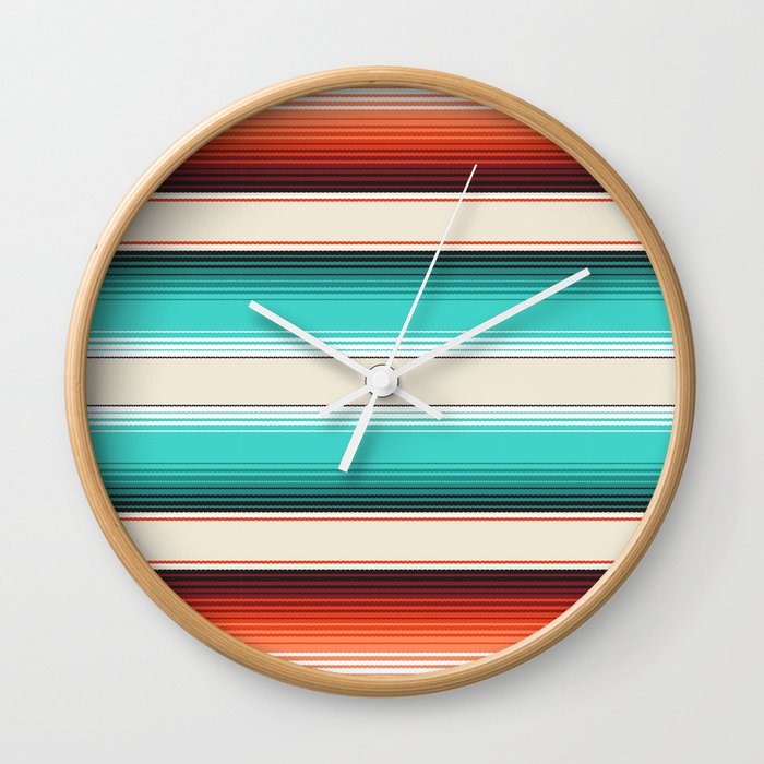 Navajo White, Turquoise and Burnt Orange Southwest Serape Blanket Stripes Wall Clock