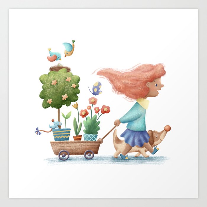 Pink hair girl goes gardening, cute whimsical handdrawn illustration for children room Art Print