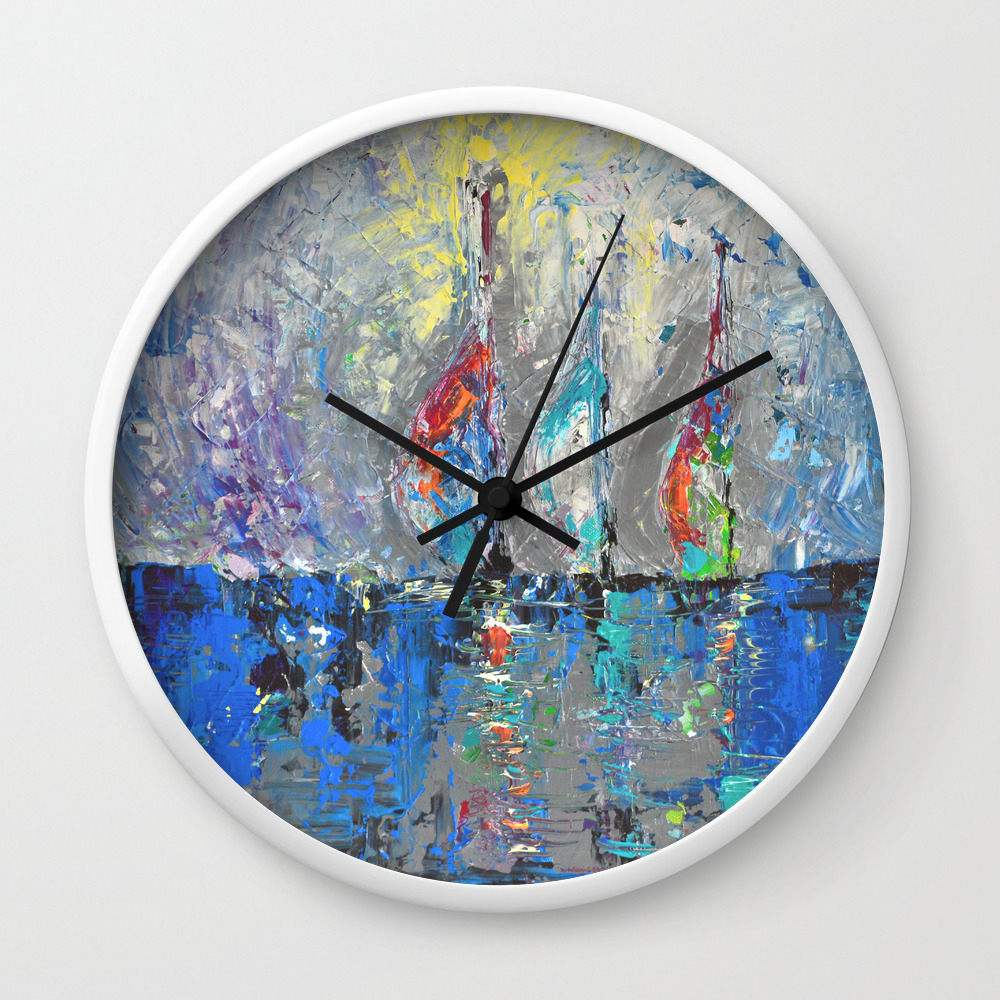 Three Sailboats Abstract Acrylic Painting Sea Landscape Blue