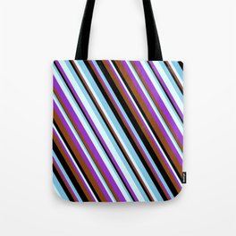[ Thumbnail: Eyecatching Light Cyan, Dark Orchid, Brown, Black & Sky Blue Colored Stripes/Lines Pattern Tote Bag ]