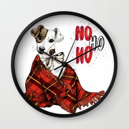 Hand Drawn Jack Russell Terrier Dog Portrait Snuggled in Plaid Blanket Wall Clock