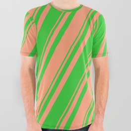 [ Thumbnail: Light Salmon & Lime Green Colored Lines Pattern All Over Graphic Tee ]