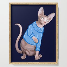 Cute Sphynx Cat with Blue Knit Sweater  Serving Tray
