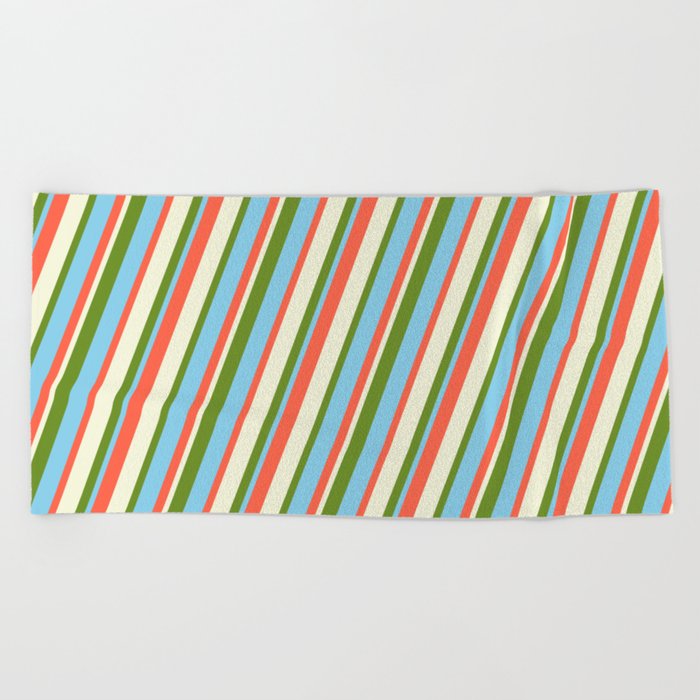 Red, Beige, Green, and Sky Blue Colored Stripes Pattern Beach Towel