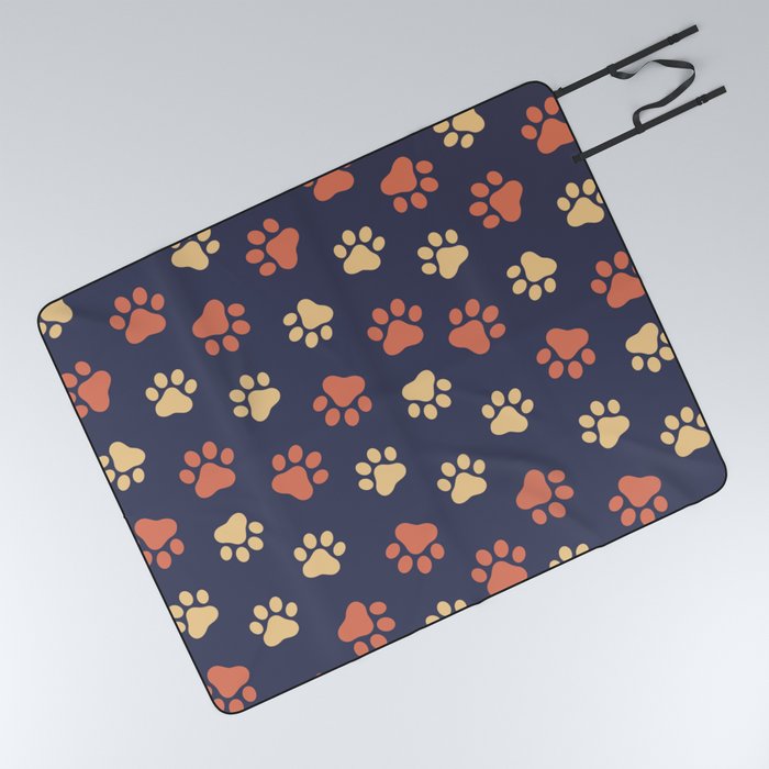 Cute Dog & Cat Paws On Blue Background Print Pattern Picnic Blanket