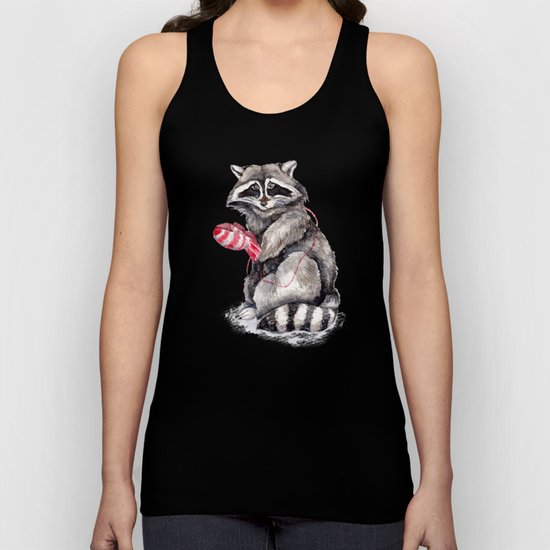 Pensive Raccoon in Red Mittens. Winter Season. Unisex Tank Top