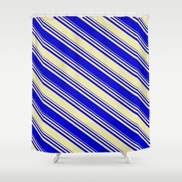 [ Thumbnail: Pale Goldenrod & Blue Colored Stripes Pattern Shower Curtain ]