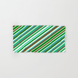 [ Thumbnail: Colorful Light Sea Green, Brown, Aquamarine, Green & Mint Cream Colored Lined/Striped Pattern Hand & Bath Towel ]