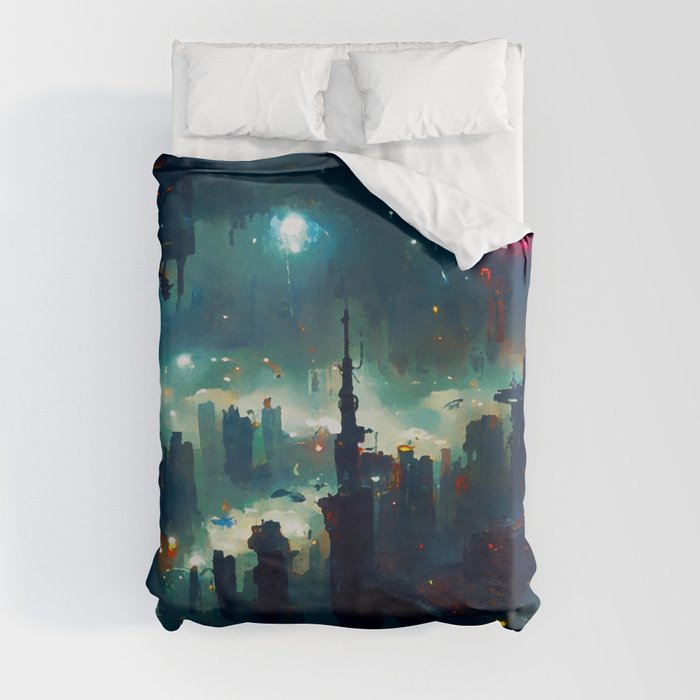 Postcards from the Future - Cyberpunk Cityscape Duvet Cover