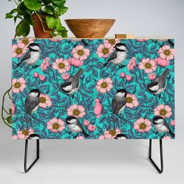 Chickadees in the wild rose, pink and blue Credenza