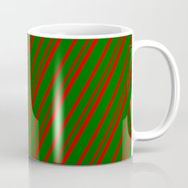 [ Thumbnail: Dark Green & Red Colored Lines Pattern Coffee Mug ]