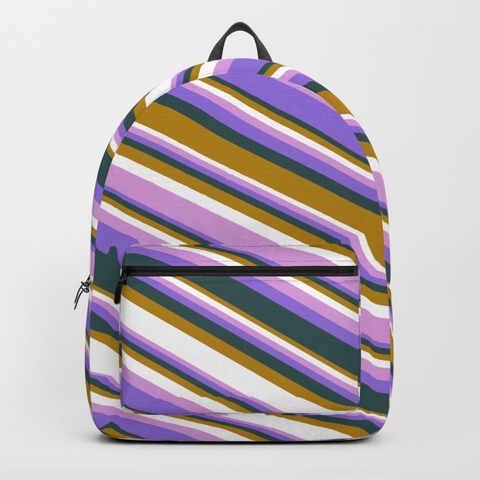 Colorful Dark Goldenrod, White, Plum, Purple & Dark Slate Gray Colored Lines/Stripes Pattern Backpack