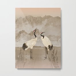 Wintering Manchurian Cranes Metal Print | Asian, Mountains, Landscape, Painting, Cranes, Japanese, Spadecaller, Mongolia, Asianart, China 