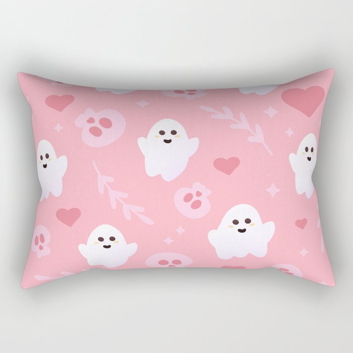 Ghost Cute Seamless Pattern in Pink Colours with Skulls, Hearts and Leaves Rectangular Pillow