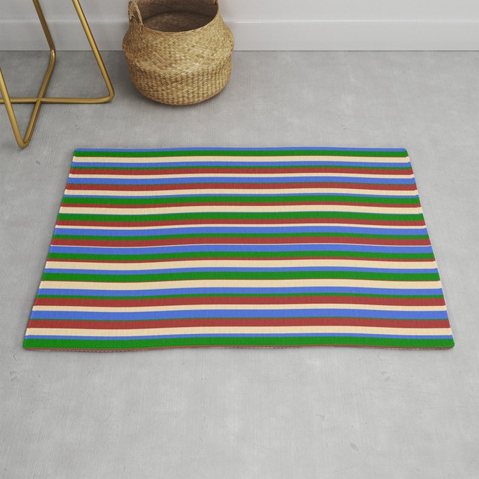 Tan, Royal Blue, Green, and Brown Colored Stripes/Lines Pattern Rug