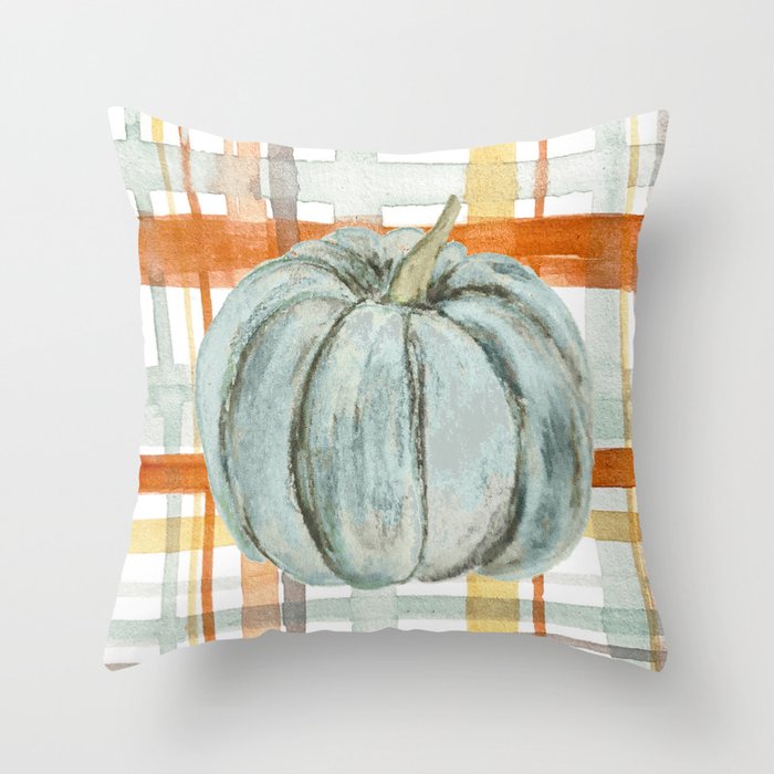 Blue Pumpkin on Watercolor Plaid  Throw Pillow