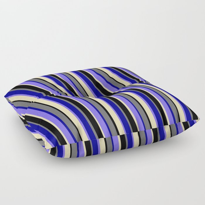 Vibrant Dim Grey, Dark Blue, Medium Slate Blue, Tan & Black Colored Striped Pattern Floor Pillow