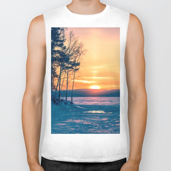 Winter sunset and the sun pillar Biker Tank
