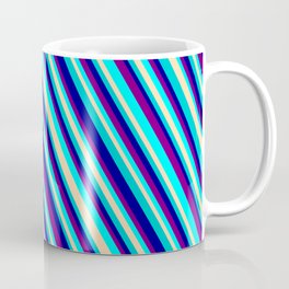 [ Thumbnail: Eye-catching Purple, Aqua, Tan, Dark Turquoise, and Dark Blue Colored Stripes/Lines Pattern Coffee Mug ]
