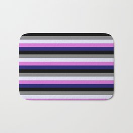 [ Thumbnail: Colorful Orchid, Midnight Blue, Black, Grey, and Lavender Colored Pattern of Stripes Bath Mat ]
