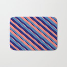[ Thumbnail: Blue, Midnight Blue, and Salmon Colored Stripes Pattern Bath Mat ]