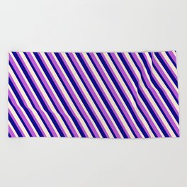 [ Thumbnail: Orchid, Blue & Beige Colored Striped Pattern Beach Towel ]