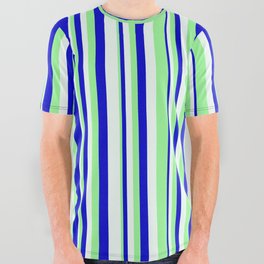 [ Thumbnail: Mint Cream, Green, and Blue Colored Pattern of Stripes All Over Graphic Tee ]
