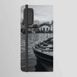 Ships in the blue harbor with seagull portrait black and white photograph / photography Android Wallet Case