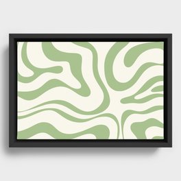 Modern Liquid Swirl Abstract Pattern in Cream and Light Sage Green Framed Canvas