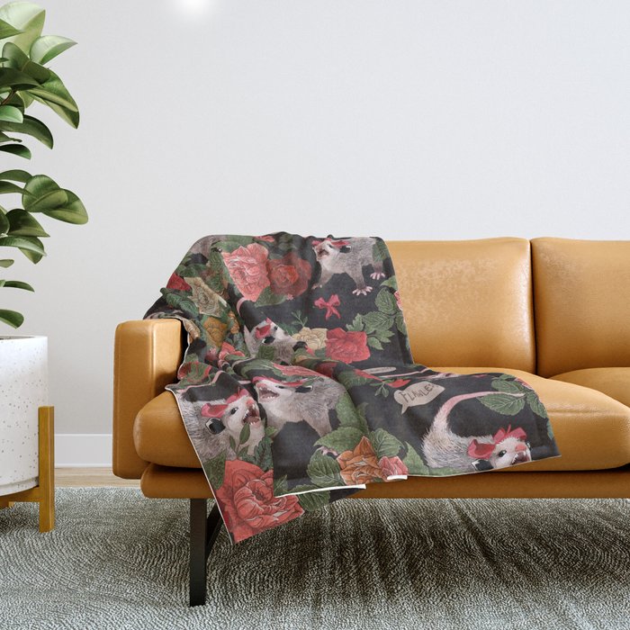 Opossum Floral Pattern (with text) Throw Blanket